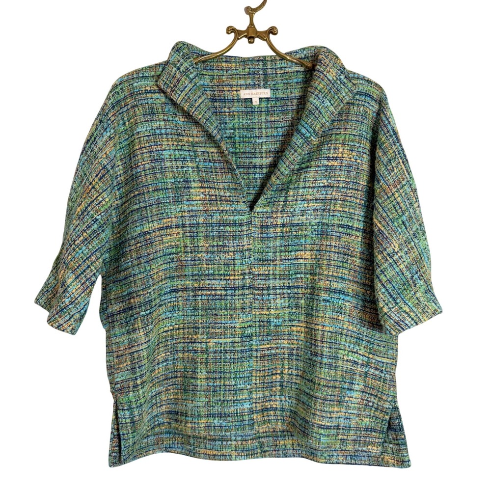 Ann Mashburn Womens Green Multi Tweed Cotton V-Neck Short Sleeve Top Size M